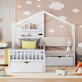 Bellemave® Twin Size House Bed with Upholstered Sofa, House Bed with Charging Station, Wireless Charging, Shelves and 2 Drawers - Bellemave